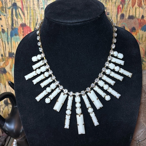 Costume Rhinestones White Gems Necklace 21”L Adj.  Aged Copper 60s 70s 80s EVC - Picture 1 of 9